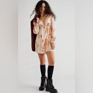 Free People Soli Mini Dress Long Sleeve Orange and Cream Size S/P